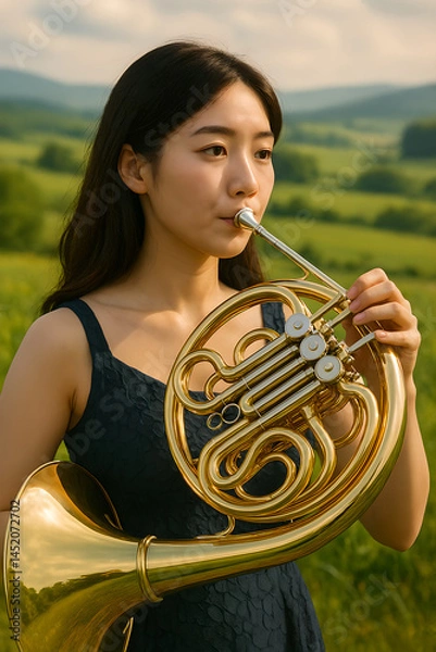 Fototapeta She is playing French horn near the field, generative ai