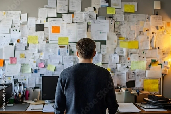 Obraz startup owner working on branding strategy, desk filled with documents, stock photo style, realistic,