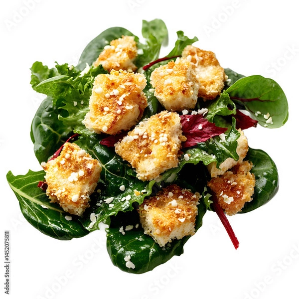 Fototapeta A fresh and appetizing salad with crispy fried goat cheese cubes on a bed of vibrant mixed greens is presented against a bright, clean white background for lunch.