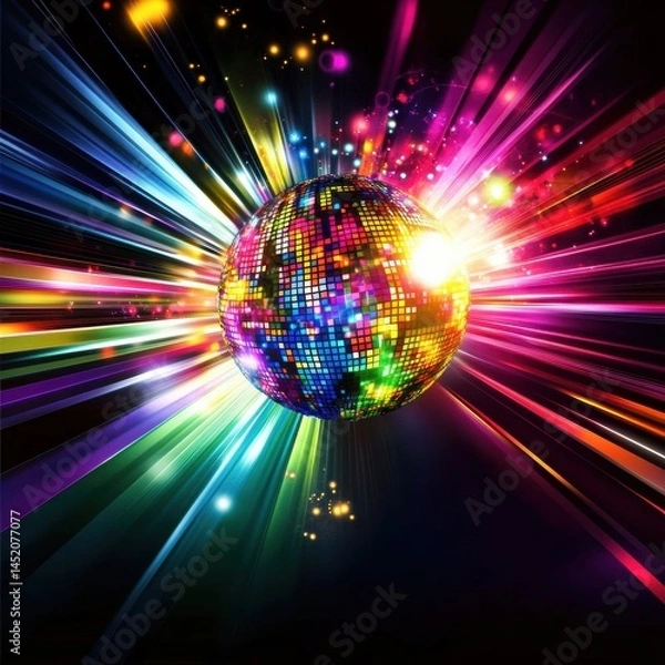 Fototapeta Sparkling Disco Ball Suspended in the Air Against Vibrant Disco Backdrop - Perfect for Album Cover Art