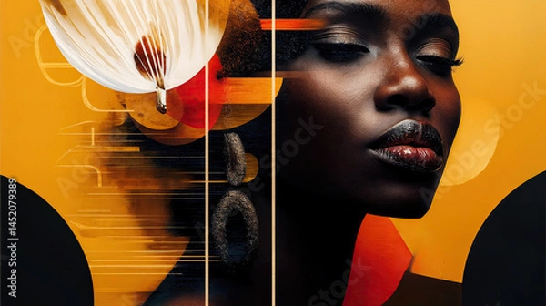 Obraz Abstract art with a focus on a woman's face, using a combination of geometric and organic shapes.