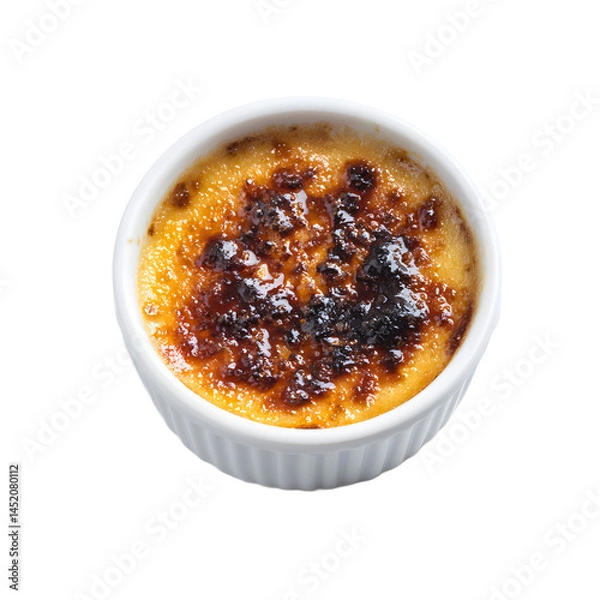 Fototapeta Overhead shot showcases a delicious creme brulee dessert, featu a perfectly caramelized sugar crust, presented in a classic white ramekin for a delightful treat.