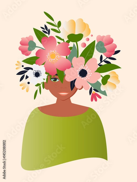 Fototapeta Portrait of a beautiful woman with flowers on her head on a light pink background for spring cards for Women's Spring Day. 