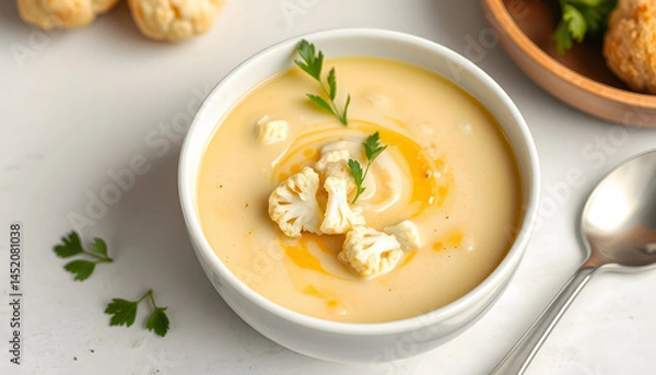 Fototapeta Vegetarian cream cheese soup with cauliflower in white bowl. Healthy vegan food concept, graphic novel art. with white shades