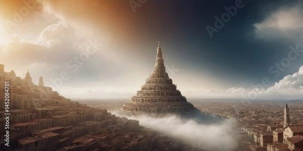 Obraz Majestic pyramid structure rises above a misty city at sunset, capturing an ethereal glow with surrounding architecture, illustration of a biblical story