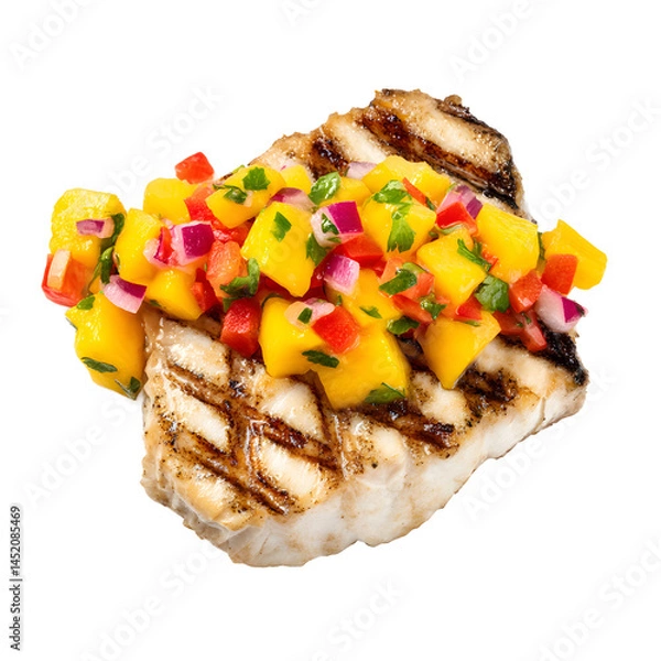 Fototapeta Grilled swordfish steak topped with vibrant mango salsa, showcasing fresh ingredients and healthy cuisine against a bright white background on a square format.