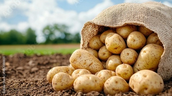 Obraz Harvested potatoes in burlap sacks beside field, arranged naturally on ground with background trees and clouds, detailed texture of sack fabric and root vegetables