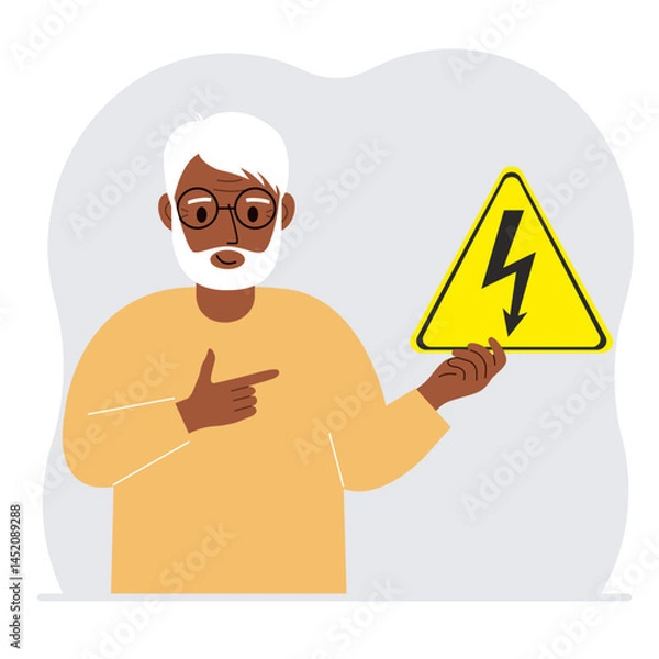 Fototapeta A man holds a yellow triangular warning sign with a black lightning in his hand. The concept of the danger of electric shock or high voltage. Vector flat illustration.