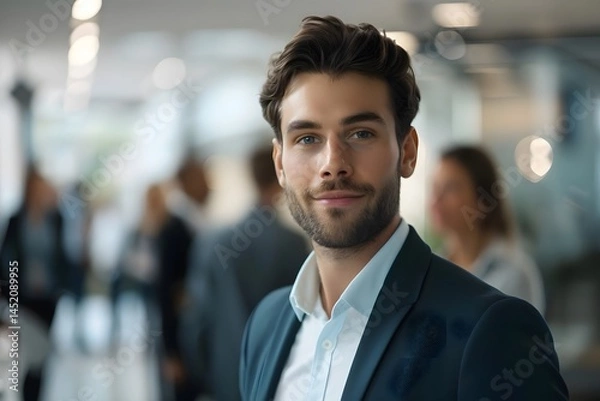 Fototapeta Confident Young Businessman Smiles, Professional Portrait in Modern Office Setting, Shows Success and Ambition in Corporate World.  A Strong and Driven Individual Ready to Achieve Goals.