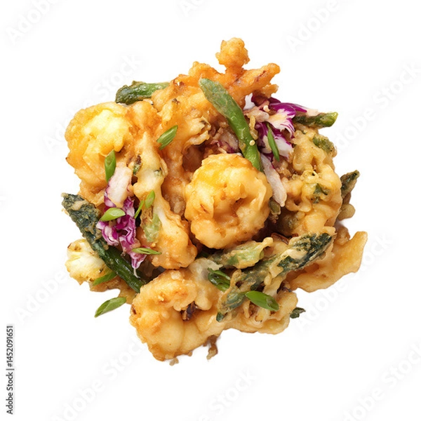 Fototapeta Golden fried mixed vegetable tempura with cauliflower, green beans, and purple cabbage is presented on a clean white background for a minimalist food shot.