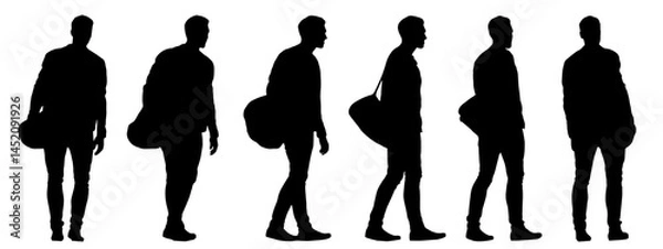 Fototapeta Vector concept conceptual black silhouette of a man carrying a duffel bag from different perspectives isolated on white background. A metaphor for sport, fitness, travel and active lifestyle