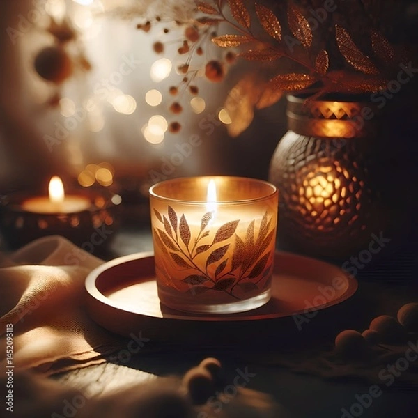 Obraz Cozy Candlelight with Decorative Leaf Pattern – Warm Atmosphere