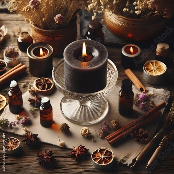 Obraz Black Candle with Dried Botanicals and Aromatic Spices