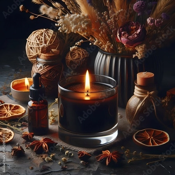 Obraz Black Candle with Dried Botanicals – Mystical Aromatherapy Still Life