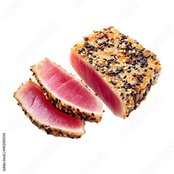 Fototapeta Seared tuna steak, delicately sliced and beautifully plated against a crisp white backdrop, showcasing the vibrant pink interior and sesame seed crust creating contrast.