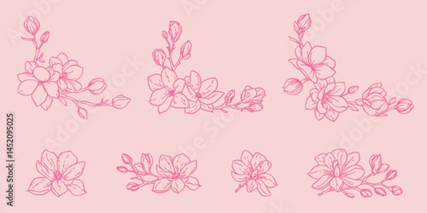 Fototapeta linear lflowers to create a floral frame on a pink background