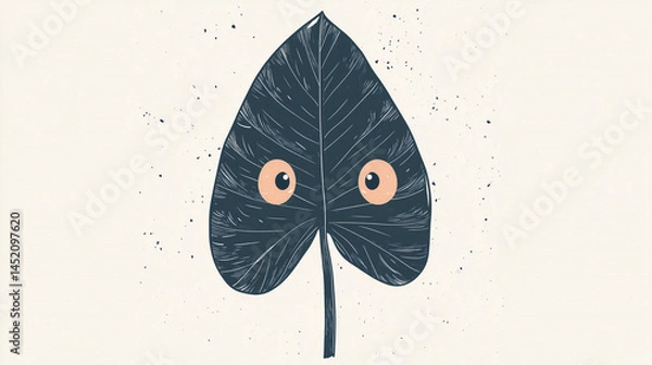 Fototapeta Minimalist illustration of an alocasia leaf with funny cartoon eyes on a beige background, drawn in hand-sketched textured graphic style