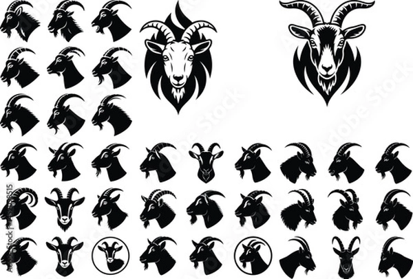 Fototapeta Goat Head Silhouette Set | Farm Animal Icon Bundle Goat Face Vector Icons | Horned Goat Head Silhouettes