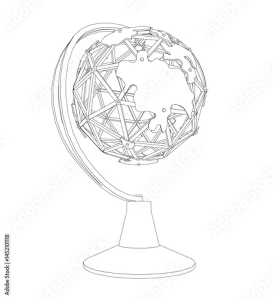 Fototapeta A globe is shown in a black and white drawing. The globe is made of wire and has a stand. The globe is not very detailed, but it is clear that it is a globe