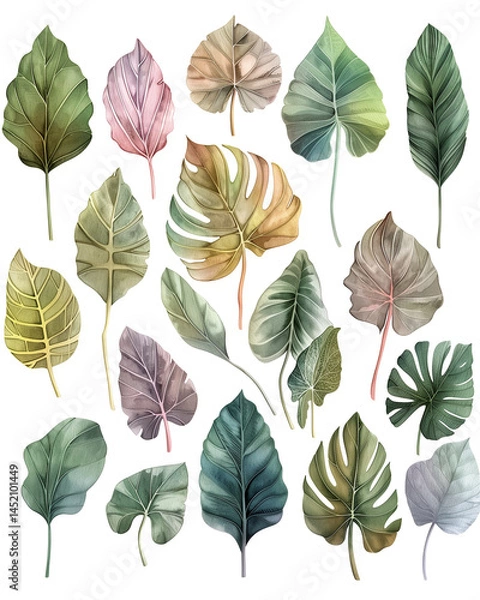Fototapeta Watercolor collection of tropical leaves in soft natural tones, finely detailed for botanical projects or textile prints