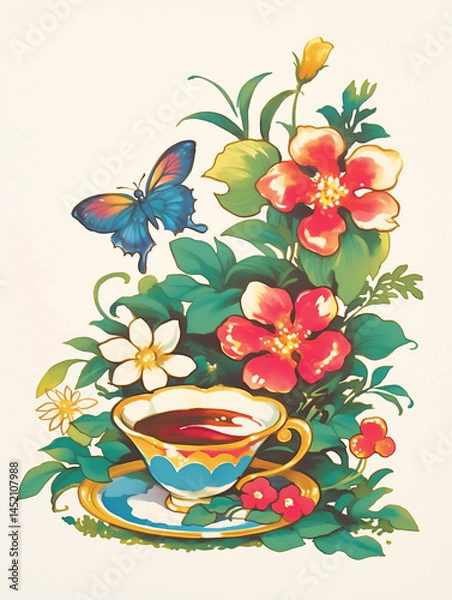 Fototapeta A whimsical tableau presents a teacup nestled amidst vibrant flowers and a fluttering butterfly, evoking a sense of tranquility and the simple joys of life. 