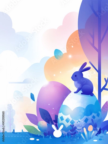 Fototapeta A playful blue bunny hops atop a giant pastel egg, surrounded by a whimsical landscape of colorful trees, blooming flowers, and scattered Easter eggs.