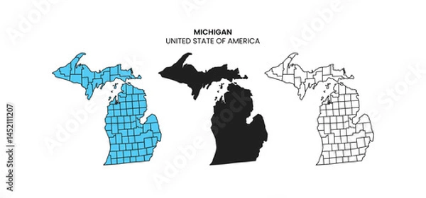 Obraz Michigan state silhouette, line style. America illustration, American vector outline isolated on white background