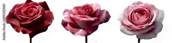 Fototapeta Three different roses with stripes, in red and pink colors, on a transparent background png 