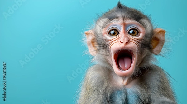 Fototapeta Monkey expresses excitement against a bright blue background