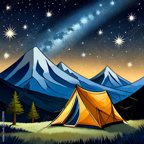 Fototapeta camping in the mountains, tent in the night with stars , ki, ai generated,