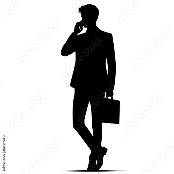 Fototapeta Full-length silhouette of a businessman talking on the phone and holding a briefcase on a transparent background  