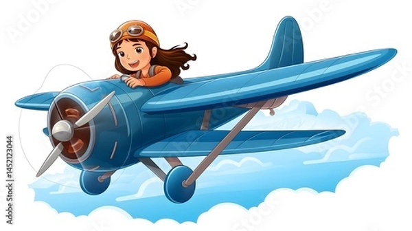 Fototapeta Cute illustration of a girl flying an air plane in the sky for aviation enthusiasts