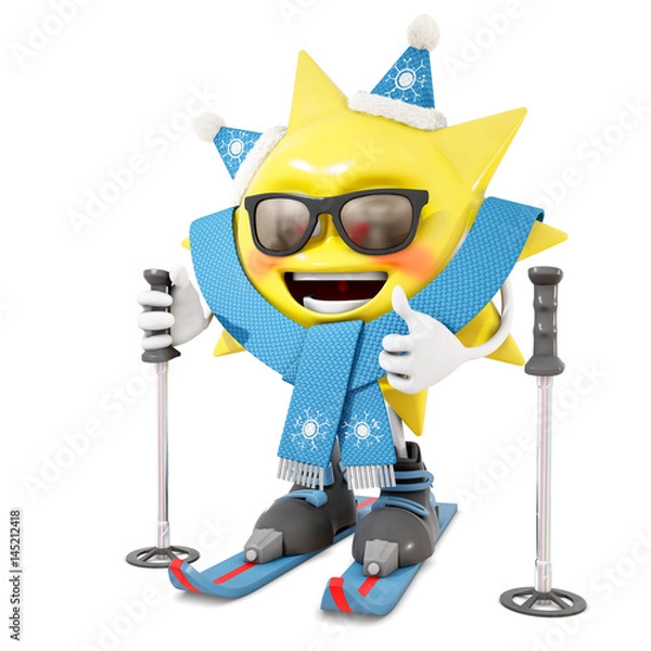 Obraz 3D skiing sun character, 3d rendering