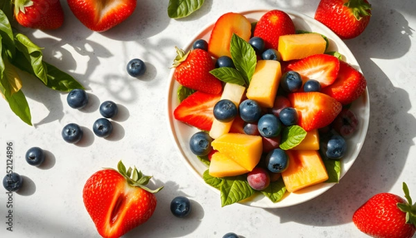 Fototapeta Fresh fruit salad on light surface top view Summer food concept, angled photoshot. with white shades