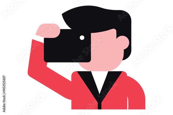 Fototapeta Man in Red Jacket Using Smartphone, Flat Design Illustration