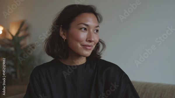 Obraz Capturing the authenticity of a young Kazakh woman in a minimalist indoor setting with soft lighting
