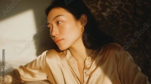 Obraz Relaxed Kazakh woman in minimalist apartment embracing natural light with soft textures