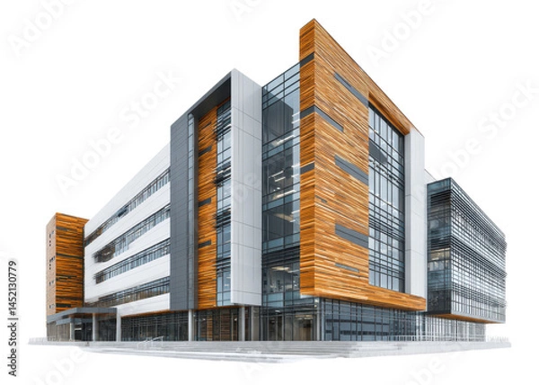 Fototapeta Modern office building with glass windows and wood facade isolated on transparent background, architecture, business, corporate.