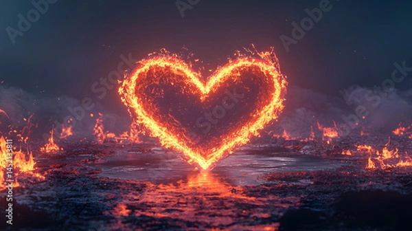 Fototapeta Burning Heart: A fiery heart glows in the center, surrounded by a landscape consumed by flames, symbolizes passion, love, and intensity in this captivating, photorealistic artwork.