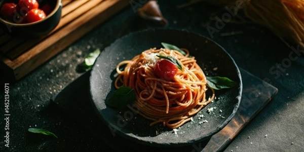 Obraz Plate of Spaghetti with Cheese and Tomatoes on Dark Table