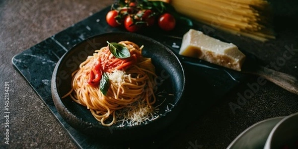 Fototapeta Plate of Spaghetti with Cheese and Tomatoes on Dark Table