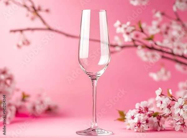 Obraz Empty champagne flute on a pink background of small cherry blossoms