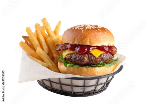 Fototapeta A burger with bacon, cheese, lettuce, pickles, and sauce with french fries in a basket, isolated on transparent background. Fast food, Meal, Unhealthy.