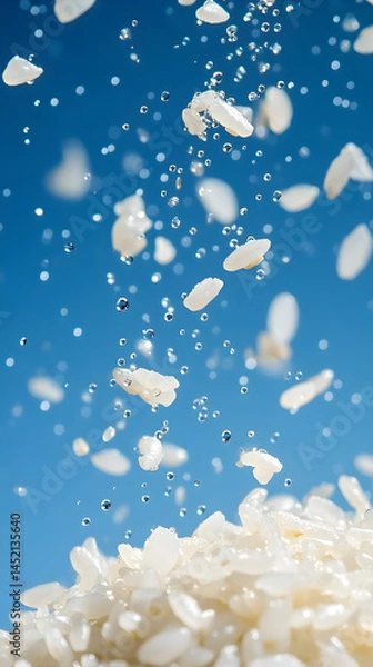 Obraz Rice falling in water droplets culinary scene close-up blue background