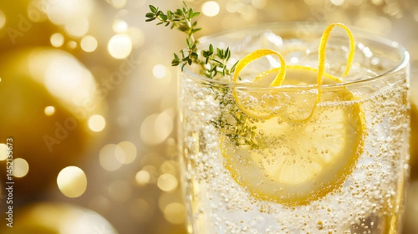 Fototapeta Elegant refreshing lemon thyme drink for festive events - close-up view