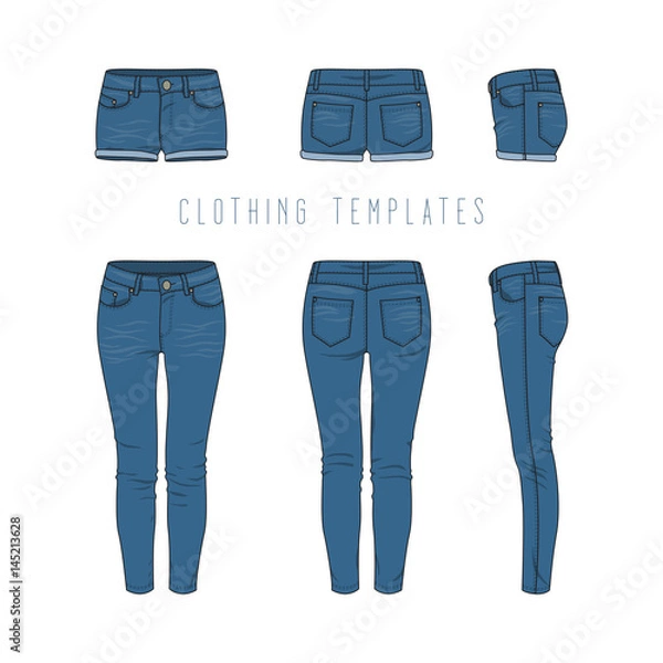 Obraz Female clothing set of blue jeans and denim shorts. Vector templates in front, back, side views for fashion design in urban style. Isolated on white background.