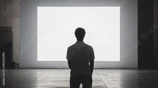 Obraz Individual stands in solitude before a bright, isolated white canvas in a minimalist indoor space showcasing creative potential