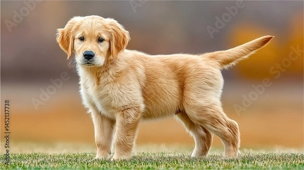Fototapeta Golden retriever puppy standing on green grass against a soft white background displaying a curious expression and fluffy coat