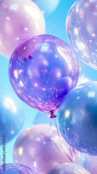 Fototapeta Close-up of pastel purple and blue balloons, glossy surface reflecting light, creating a dreamy and airy atmosphere, ideal for celebration or festive concepts