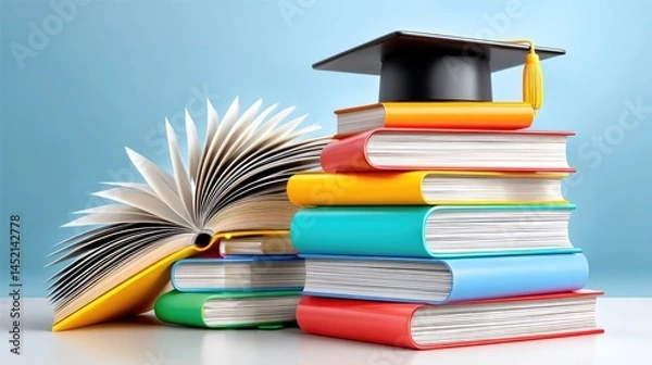Fototapeta Colorful stacked books with an open book and a graduation cap against a white background